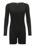 Purpdrank  Women's Casual Jumpsuit Solid Color Long Sleeve Bodysuit Square Neck Slim Stretch Romper with Shorts Trendy Y2K Outfits
