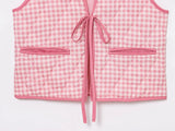 Purpdrank  2025 Women Fashion V Neck Plaid Print Lace Up Short Vest Jacket Lady Pockets Quilted Cotton WaistCoat Tops CT9214