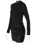 Purpdrank  Elegant Sequins Splicing Hollow Out Mini Dress Women's Fashion O-neck Draped Wrap Hip Dress Casual Long Sleeve Slim Party Dress