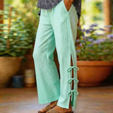 Purpdrank  Casual Linen Cotton Trousers Elastic Waist Side Split Tie Design Loose Pants
