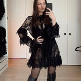 Purpdrank  Women Lace Sheer Dress Sexy See Through Mesh Long Sleeve High Neck Floral Cover Up Cocktail Party Mini Dresses