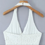 Purpdrank  White Embroidery Hollow Out Hole Lace Halter V Collar Backless Mini Dress Women Ribbon Bow Waist A-lined Short Dresses Robe