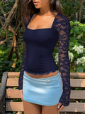 Purpdrank  Black T-Shirt Women Fashion Square Collar Patchwork Lace Tops Floral Print Long Sleeve Sexy Crop T-Shirt Summer New