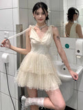 Purpdrank  French Style Elegant White Sleeveless Women's Dress Sweet V-neck Mesh Polka Dot Mini Dress Fashion Fairy Princess Party Outfits
