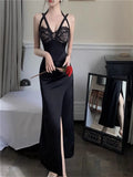 Purpdrank  Sexy Lace Cross Straps Halter Black Evening Party Dress Women New 2025 Spring Summer Fashion Bodycon Slim High Split Long Dress