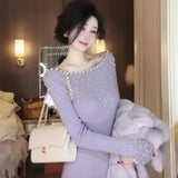 Purpdrank  Elegant Beaded Knitted Dress Women Sexy Off-the-Shoulder Bodycon Midi Dress Fall Winter Long Sleeve Slim Sweater Dresses 547A