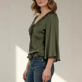 Purpdrank   Spring New Women's Elegant Satin Blouse V Neck Tie Front Flared Bell Sleeve Fitted Waist Top Chic Office Party Blouse