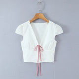 Purpdrank  Sexy White Embroidery Hole Lace Spliced Red Bow V neck Short Puff Sleeve Shirt Women Lacing Up Sashes Back side Zipper Crop Tops