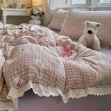 Purpdrank  Korean Style Girly Heart Floral Double Layer Gauze Four-Piece Set Princess Style Lace Trim Quilt Cover Bed Sheet Dormitory