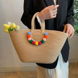 Purpdrank  Portable Straw Woven Tote Bag Handmade Large Capacity Shoulder Bags Hollow Out Button Braided Underarm Bag Women
