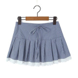 Purpdrank  Sexy Blue Plaid Lapel V neck Short Puff Sleeve Shirt Tank Top + Women Bow Zipper Waist A-line Pleated Mini Skirt 2 Pieces 1 Set