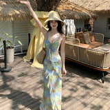 Purpdrank  Real Shot Tea Break French Style Floral Strap Dress Summer New V-neck Backless Waist-cinching Long Dress