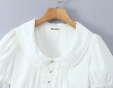 Purpdrank  Stylish White Spliced Lace Short Puff Sleeve Shirt Women Peter Pan Collar Bow Hem Loose Crop Tops