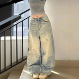 Purpdrank  Retro Light Blue Ripped Denim High Waist Wide Leg Floor-Length Pants Women's Elastic Straight Cut High Waist Jeans Autumn Hot Sa