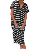 Purpdrank  Women Dress Long Dresses Knitted Turn Down Collar Short Sleeve Print Striped Casual Loose Elegant Splice Summer Vestidos