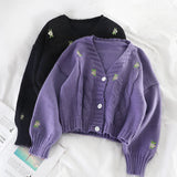 Purpdrank  Women Knitted Cute Fashion Loose Sweater Spring Autumn V-Neck Lantern Sleeve Embroidery Floral Harajuku Female Cardigan