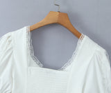 Purpdrank  Sexy Corset White Ruched Chest Spliced Lace V Collar Short Puff Sleeve Shirt Women Drawstring Tie Bow Center Buttons Crop Tops