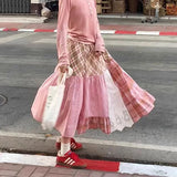 Purpdrank  Harajuku Plaid Midi Skirt Women Japanese Lace Patchwork Skirts Summer Korean Fashion High Waist Casual A Line Faldas New