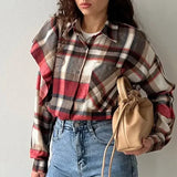 Purpdrank  Vintage Long Sleeves Pocket Blouses Collared Casual Tops 2025 Plaid Shirts for Women Spring Autumn Ruffle Button Down Shirts