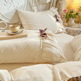 Purpdrank  100% Cotton Korean Princess Style Three-layer Ruffles Bow Bedding Set Duvet Cover Bed Skirt Bedspread Pillowcases Wedding Gifts