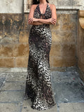 Purpdrank  Sexy Lace-up Deep V Halter Leopard Print Long Dress Women Fashion Sleeveless Backless Bodycon Mermaid Evening Party Gown