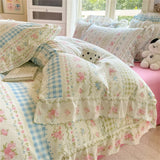 Purpdrank  Flower Skin-friendly Washed Cotton Bedding Set Duvet Cover Set Korean Lace Ruffles Quilt Cover Soft Cover Bed Linen Pillowcases