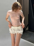 Purpdrank  Sweet Plaid Lace Trim Shorts Casual Loose Bandage Patchwork Low-Waisted Shorts Women 2025 Summer Fashion Streetwear Lady