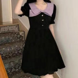 Purpdrank  Women's Summer New Lively Cute Sweet Spliced Bow Peter Pan Collar Button Solid Corset A-line Slim Short Sleeve Midi Dresses