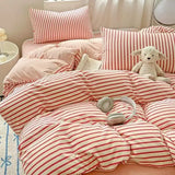 Purpdrank  INS Nordic Bedding Set - 4PC Green/Pink Striped Duvet Cover (Girls' Quilt Set, Queen/King Size Home Decor)