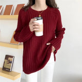 Purpdrank  Women's Korean-Style Loose Pullover Sweater Autumn Winter Vertical Strip Solid Color All-match Lazy Style Outer Wear