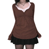 Purpdrank  Y2k Cottage Lace Trim Babydoll T-shirt Autumn Button Up Long Sleeve Pullovers Tops Women Cyber Grunge Loose Fit Blouse Tees