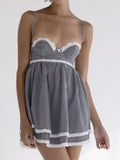 Purpdrank  Sexy Plaid Spliced Embroidery Lace Bra Corset style Mini Dress Women Bow Lacing up Backless Party Skater Sling Robe Holiday