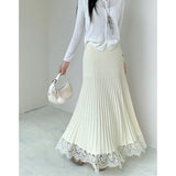 Purpdrank  Elegant Knitted Midi Skirt Women Fashion Lace Patchwork Black Pleated Skirts Winter Ladies Korean High Waist A Line Faldas New
