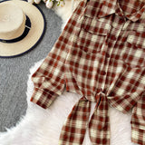 Purpdrank  Retro Hong Kong Sle Plaid Long Sve irt Women's ort Length Turn-down Collar Slimming Waist Tie Top for Autumn 2025