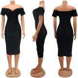 Purpdrank  Sexy Ruched Bodycon Midi Dress Women Elegant Off The Sholder Short Sleeve V-neck Strecth Slim Fit Club Party Dresses Vestidos