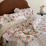 Purpdrank  Rustic Vintage French Rose Floral Ruffles 100% Cotton Bedding Set Duvet Cover Set Flat/Fitted Bed Sheet Pillowcases 4Pcs