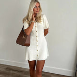 Purpdrank  White Elegant Knitted Mini Dress For Women Metal Button Sexy Slim Rib Sweater Dress Holiday Party Outfits Autumn New