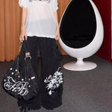 Purpdrank  Double Sided Canvas Bag Women Letter Print Single Shoulder Tote Black Interior Design Millennium Style Commuting Bag