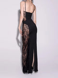 Purpdrank  Sexy Black Sheer Lace Panel Sling Maxi Dress Women's Sleeveless Hollow Out Slim Bodycon Party Gown Formal Prom Night Dress