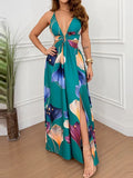 Purpdrank  Elegant V-neck Backless Hollow Maxi Dress Women Fashion Print Hight Waist Slim Long Dress Sexy Sleeveless Split Party Dress