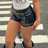 Purpdrank  Sexy Rivet Pu Leather Shorts Locomotive Style Slim Low-Waisted Shorts Women Summer Fashion Punk Style Streettwear Ladies