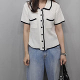 Purpdrank  Summer Single Breasted Hollow Out Women's Shirts Pockets Polo Collar Korean Short Sleeve Knitted Tops Female