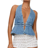 Purpdrank  Women's Y2K Summer Halter Neck Crop Tops Bow Tie-up Sleeveless Deep V-Neck Backless Solid Color Denim Flare Vest