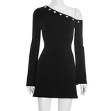 Purpdrank  Sexy Hole Sequined Black Gothic Autumn Dress for Women 2025 New Fashion Slim Skew Collar Long Sleeve Mini Causal Y2K Dress