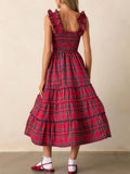 Purpdrank  Women Casual Sleeveless Pleated Long Dress Fashion Hight Waist Loose Party Dress Vintage Christmas Plaid Print Suspender Dress