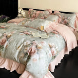 Purpdrank  Vintage French Rose Flowers Prints Ruffles Bedding Set 100% Cotton Brushed Fabric Duvet Cover Set Bed Sheet Pillowcases 4Pcs