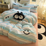 Purpdrank  Striped Cute Embroidered Bedding SetBed Flat Sheet Pillowcase Duvet Cover Set 200x230cm King Four Piece Set Soft Home Textiles