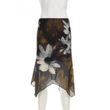 Purpdrank  Brown Floral Print Mesh Asymmetrical Skirt Low Rise Midi Skirts Woman Fall Fashion 2000s Clothing Y2k Clothing