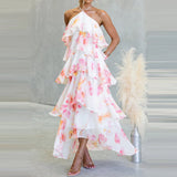 Purpdrank  Floral Print Off Shoulder Women's Beach Dress Summer Sweet Backless Party Dresses Stacked Ruffle Edge Design Holiday Long Dress