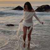 Purpdrank  Lace Up Ribbon Ruched See Through Mesh Vacation Beach Maxi Dress Women Sexy Slash Neck Off Shoulder Full Sleeve Party Clubwear
